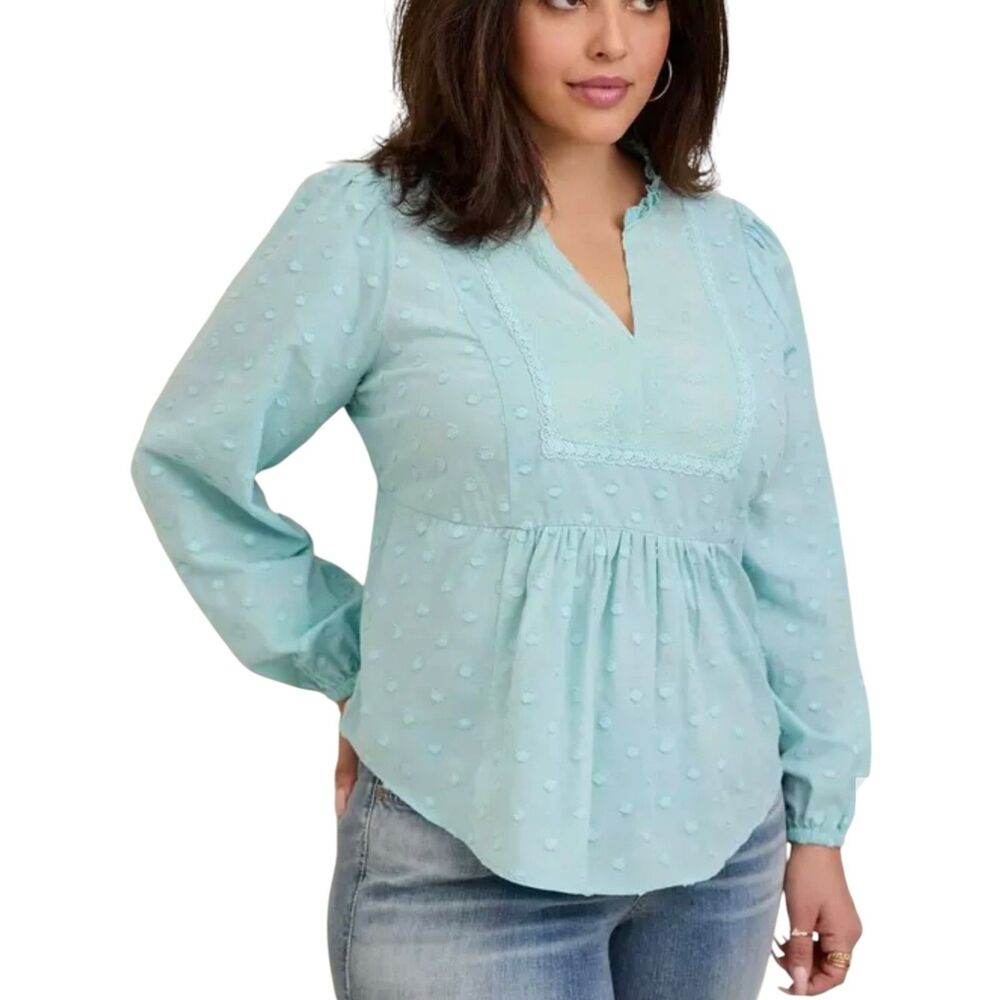 Torrid Clip Dot Eyelet Yoke Long Sleeve Blouse Canal Blue Size 2 2X NWT Boho Top